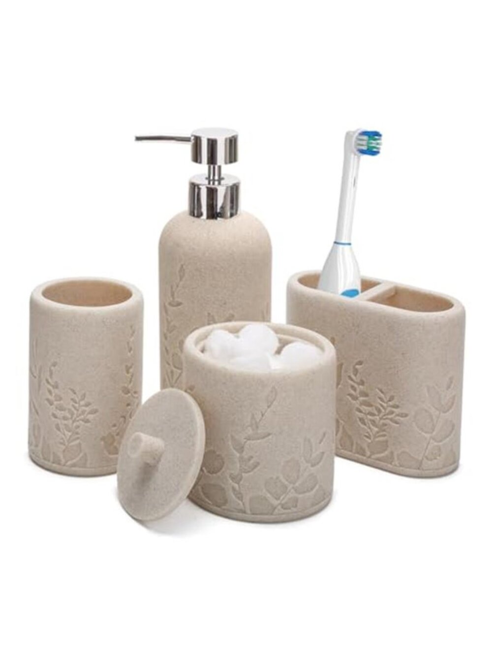 Beige Bathroom Accessories Set Resin Soap Dispenser Toothbrush Holder Soap Dish